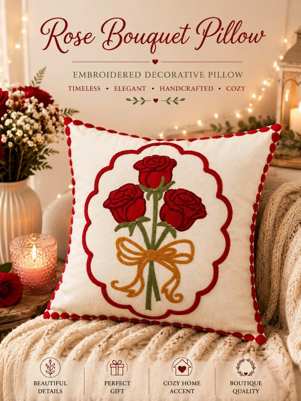Rose Bouquet Pillow - Red Embroidered Decorative Pillow With Insert